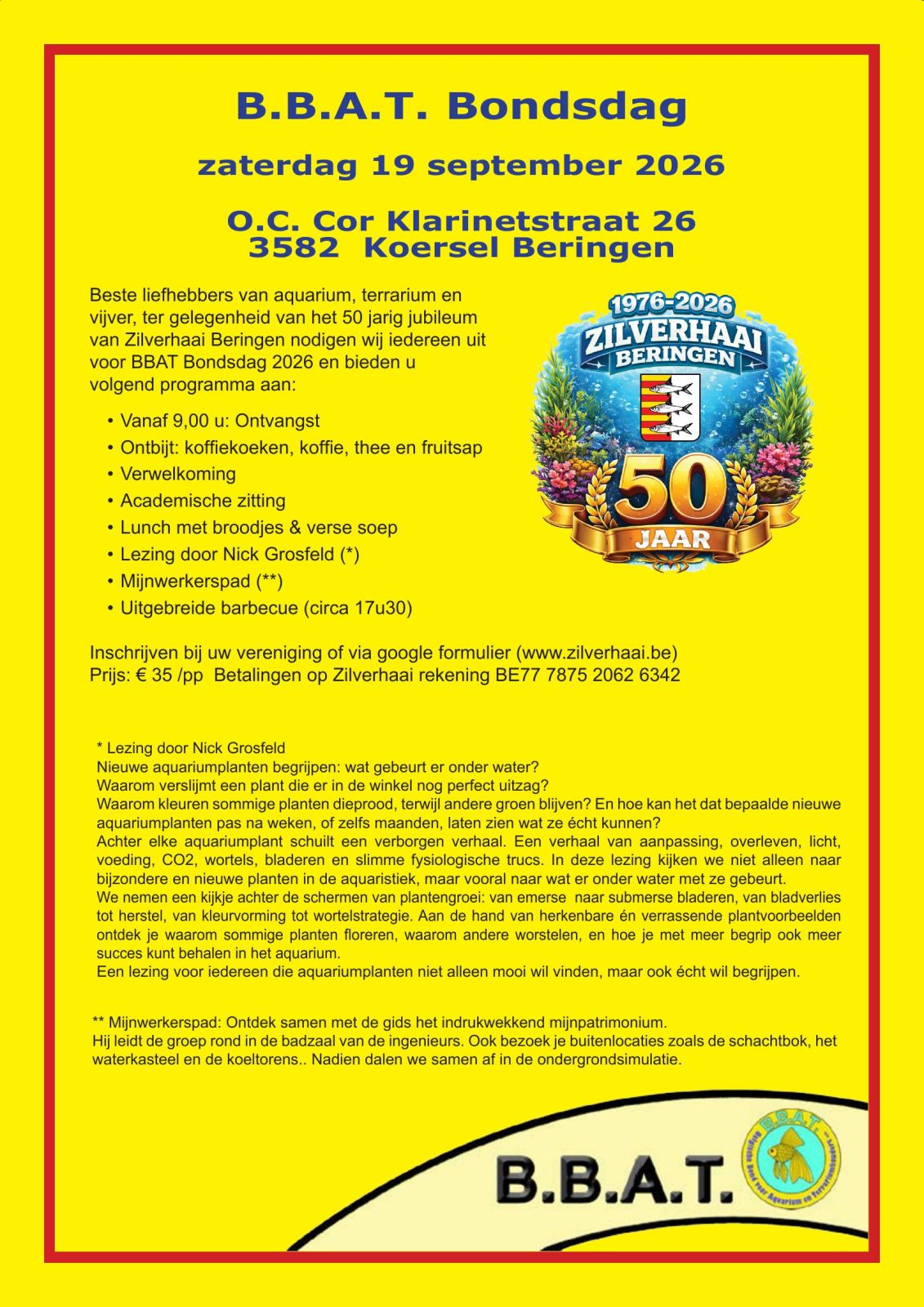 Affiche van de BBAT-Bondsdag op zaterdag 19 september 2026 in O.C. Cor te Koersel (Beringen), bij het 50-jarig jubileum van Zilverhaai Beringen.