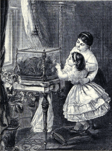 Twee Victoriaanse kinderen bewonderen het huisaquarium op tafelvoet, gravure uit het weekblad Weekly Welcome (1879)