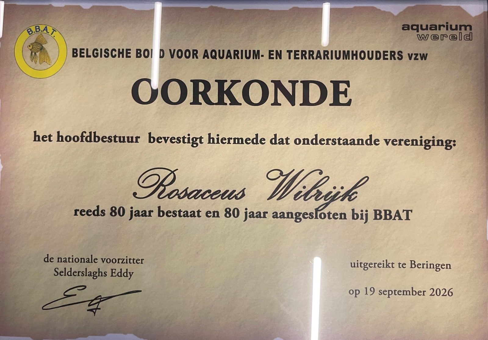 De oorkonde van het BBAT-hoofdbestuur, uitgereikt te Beringen