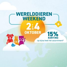 Affiche van het Werelddierenweekend bij Zowizoo, 2 tot en met 4 oktober, met 15 % korting op bijna heel het assortiment.