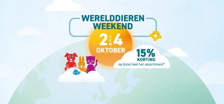 Affiche van het Werelddierenweekend bij Zowizoo, 2 tot en met 4 oktober, met 15 % korting op bijna heel het assortiment.