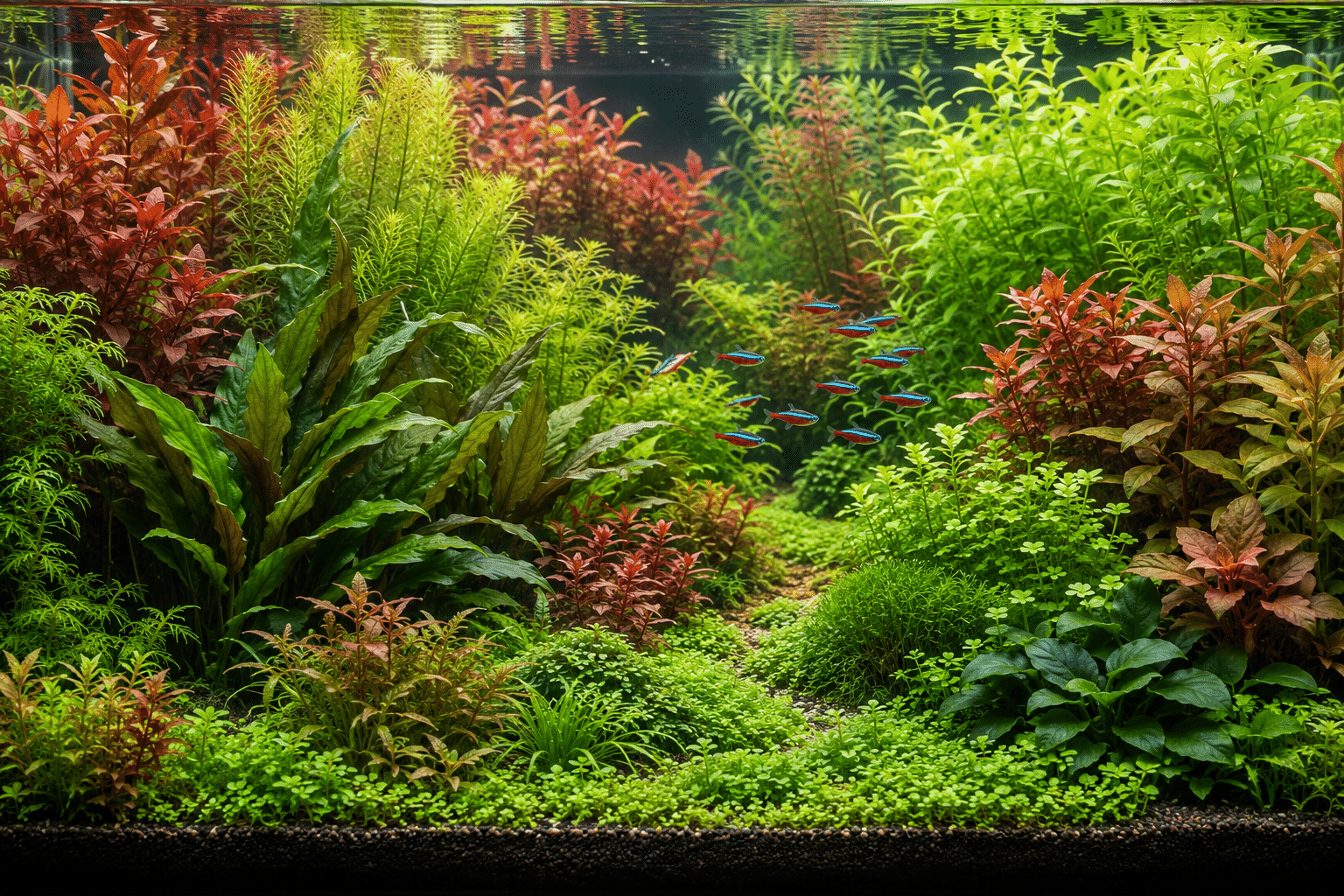 Weelderig plantenaquarium met volle groene en rode plantengroepen en een school kardinaaltetra’s